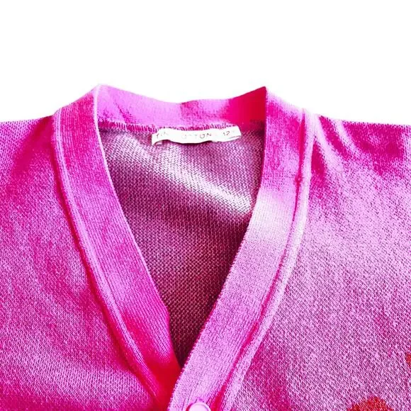TINY COTTONS Intarsia Hot Pink Mako Cotton Knit Cardigan Sweater size 12 - Picture 2 of 7